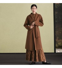 women brown woolen overcoat oversized stand collar winter coat tie waist jackets