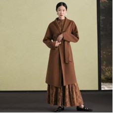 women brown woolen overcoat oversized stand collar winter coat tie waist jackets