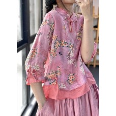 Women Pink Print Patchwork Blouses Half Sleeve