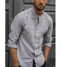 Men's loose sleeve cotton and linen shirt with stand collar HF0902-03-01