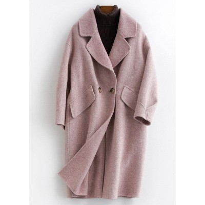 Fine pink Woolen Notched Coat Women oversize mid-length pockets coats