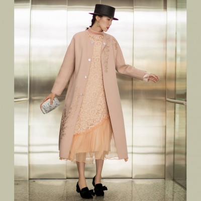 Fine nude pink Woolen Coats Women oversized long sleeve medium length jackets embroidery coats