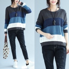 autumn winter patchwork woolen knit tops plus size casual blue gray striped sweater