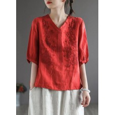 Vintage Red V Neck Embroideried Top Half Sleeve