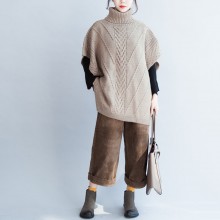 khaki unique cotton sweater high neck  plus size side open button sleeveless knit tops