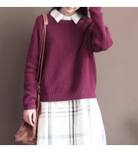 Winter casual burgundy cotton sweater tops plus size vintage knit blouse