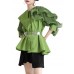 Style Green Asymmetrical Design Patchwork Wrinkled Blouses Half Sleeve