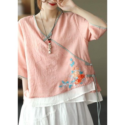 Pink V Neck Embroideried Summer Ramie Half Sleeve Tops