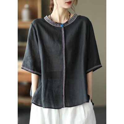 Natural Black O-Neck Embroideried Summer Ramie Blouses Half Sleeve