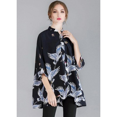 Fine Navy Stand Collar Asymmetrical Design Fall Three Quarter Sleeve Shirt Top