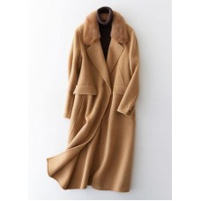 Fashion khaki woolen coats casual winter coat fur collar jackets tie waist