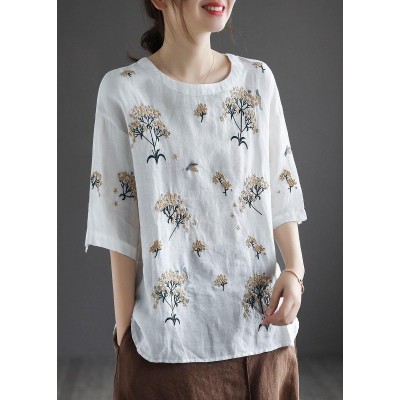 Bohemian White O-Neck Embroideried Floral Summer Linen Tops Half Sleeve